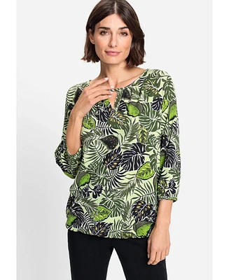 Olsen Women's Cotton Blend 3/4 Sleeve Leaf Print T-Shirt