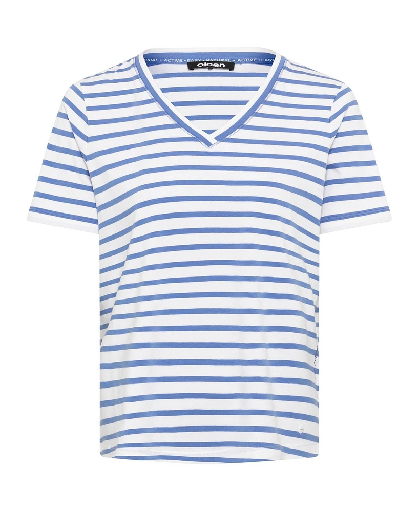 Olsen Women's Cotton Blend Short Sleeve Striped V-Neck T-Shirt