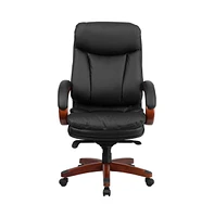 Emma+Oliver High Back Leather Executive Swivel Ergonomic Office Chair With Synchro-Tilt Mechanism, Mahogany Wood Base And Arms