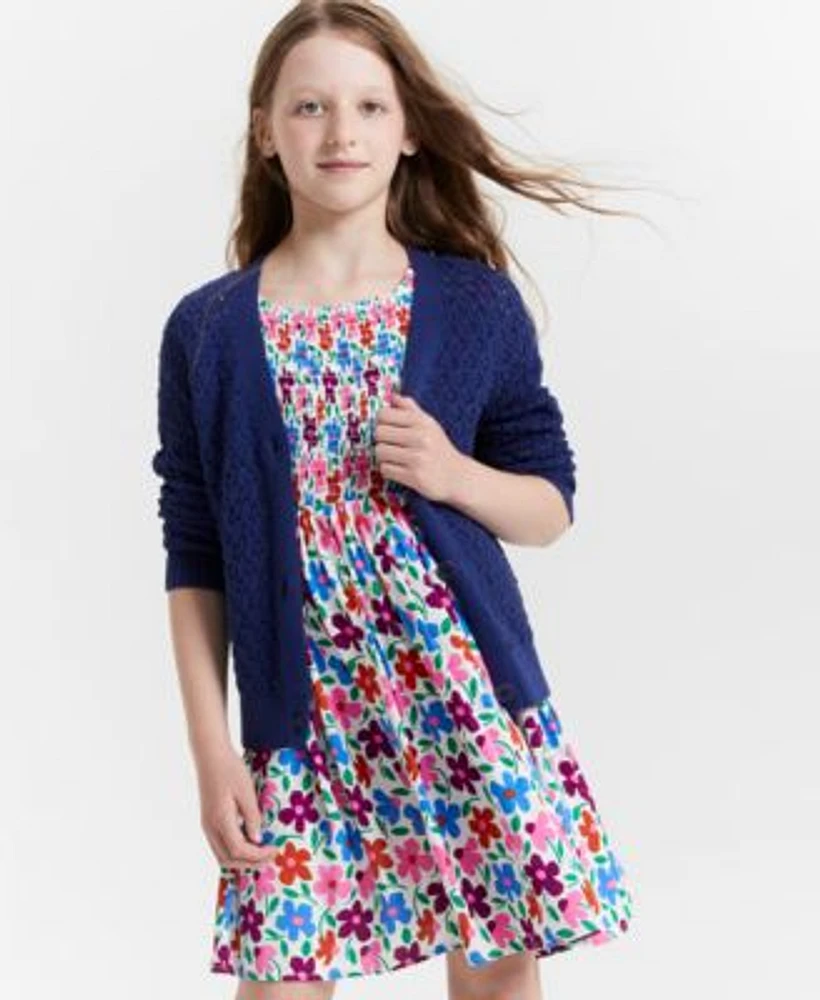 Epic Threads Little Big Girls Open Stitch Cardigan Floral Print Smocked Dress Ballet Flats Created For Macys