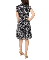 Msk Petite Collared Printed Chiffon Fit & Flare Dress