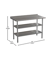 Nsf Certified Stainless Steel 18 Gauge Work Table With 1.5" Backsplash And 2 Undershelves