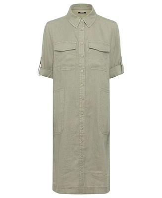 Olsen Women's 100% Linen 3/4 Sleeve Dress with Rolled Tab Detail