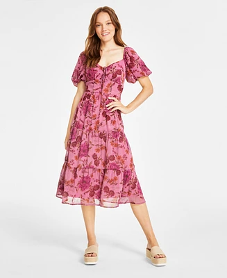 City Studios Juniors' Floral Print Puff-Sleeve Tiered Midi Dress