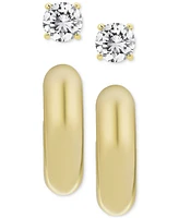 2-Pc. Set Lab Grown White Sapphire (2-1/10 ct. t.w.) Stud & Polished Half Hoop Earrings in 14k Gold-Plated Sterling Silver