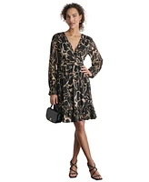 Dkny Women's Printed Chiffon Long-Sleeve A-Line Dress