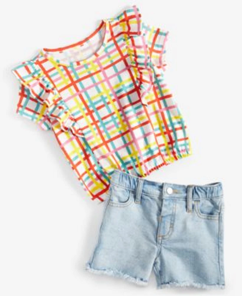 Epic Threads Toddler Girls Painted Plaid Ruffled Top Heathrow Denim Shorts Created For Macys