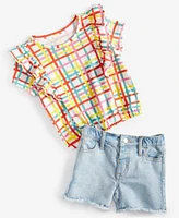 Epic Threads Toddler Girls Painted Plaid Ruffled Top Heathrow Denim Shorts Created For Macys