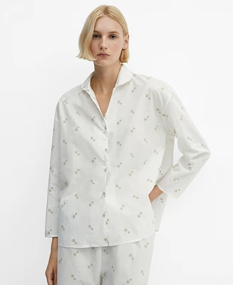 Mango Women's Floral Embroidered Cotton Pajama Shirt