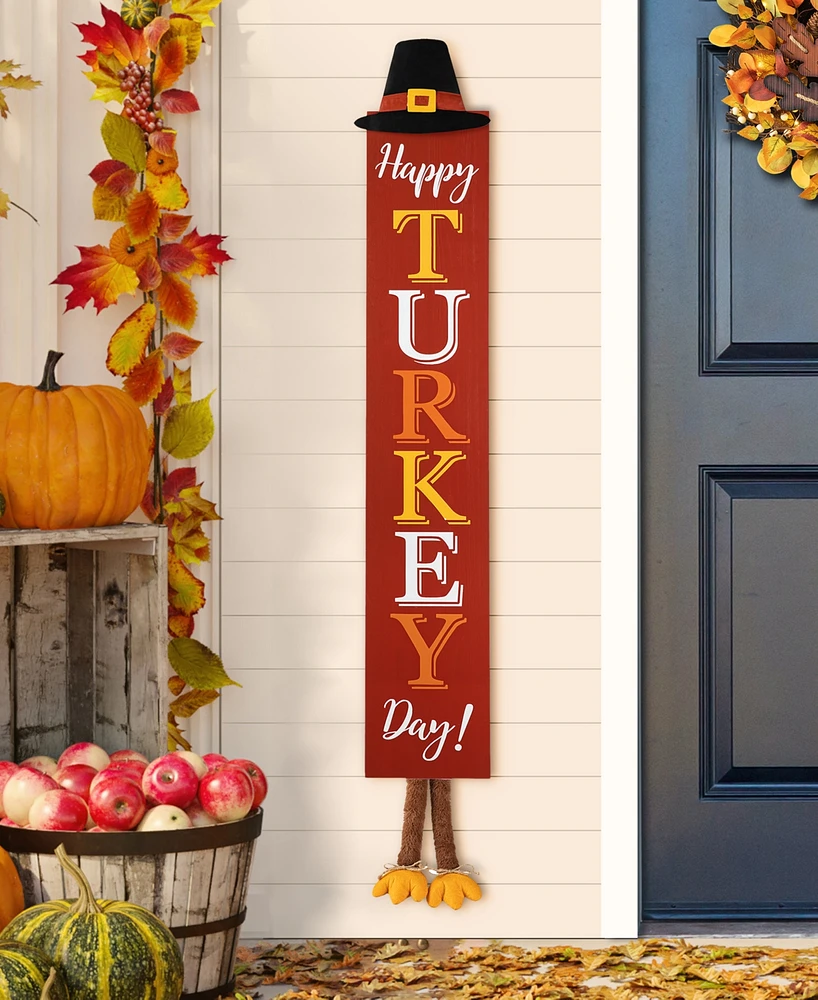 Glitzhome 58.5"H Thanksgiving Wooden "Happy Turkey Day" Porch Sign with Fabric Dangling Legs