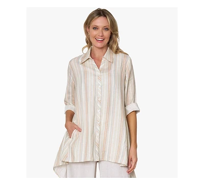 Stella Carakasi Women's Striped Linen Long Sleeve Collared V-Neck True Form Shirt