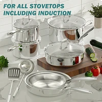 12-Piece Tri-Ply NonStick Stainless Steel Cookware Set with Premium Magnetic Stainless Exterior, Aluminum Core for Even Heat Distribution