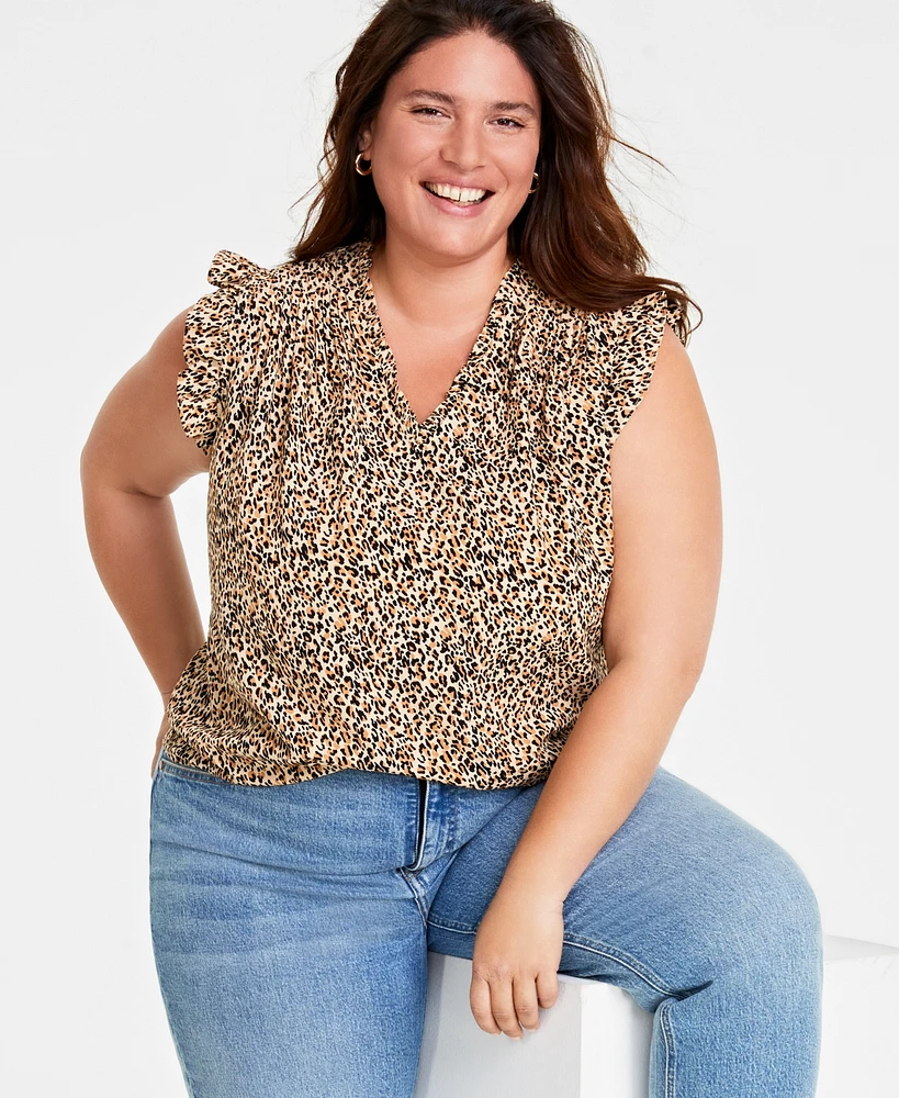 On 34th Trendy Plus Size Leopard-Print Ruffle-Sleeve Top, Created for Macy's