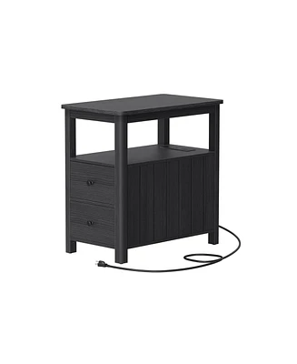 Slickblue Narrow Nightstand With 2 Drawers, Charging Station, Open Shelves