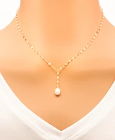 2-Pc. Set Cultured Freshwater Pearl (7 x 9mm) Lariat Necklace & Drop Earrings in Sterling Silver