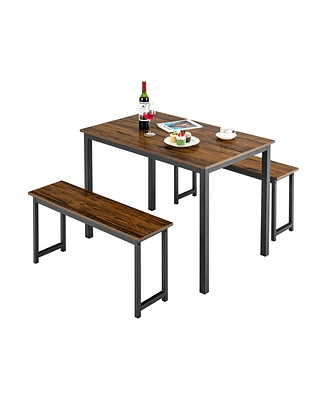 Sugift 3 Pieces Dining Table Set with 2 Benches for Dining Room Kitchen Bar