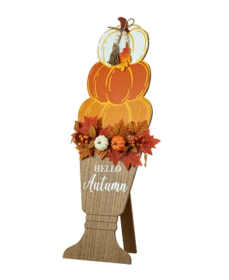 Glitzhome 36"H Fall Wooden Stacked Pumpkin with Urn Porch Decor