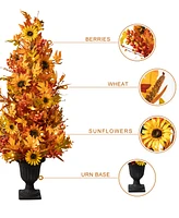 Glitzhome 48"H Fall Lighted Maple Leaf and Sunflower Urn Porch Tree with Timer