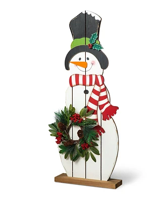 Glitzhome 36"H Christmas Wooden/Metal Snowman Porch Decor with Floral Wreath