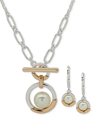 Anne Klein Two-Tone Imitation Pearl Ring Pendant Necklace & Drop Earrings Set