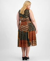 Robbie Bee Plus Size Patchwork-Print Jersey Midi Dress