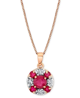 Ruby (1-1/10 ct. t.w.) & Diamond (1/6 ct. t.w.) Round Cluster 18" Pendant Necklace in 14k Rose Gold