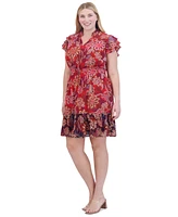 Vince Camuto Plus Printed Chiffon Smocked-Waist Dress