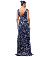 Betsy & Adam Women's Metallic Printed V-Neck Sleeveless Gown