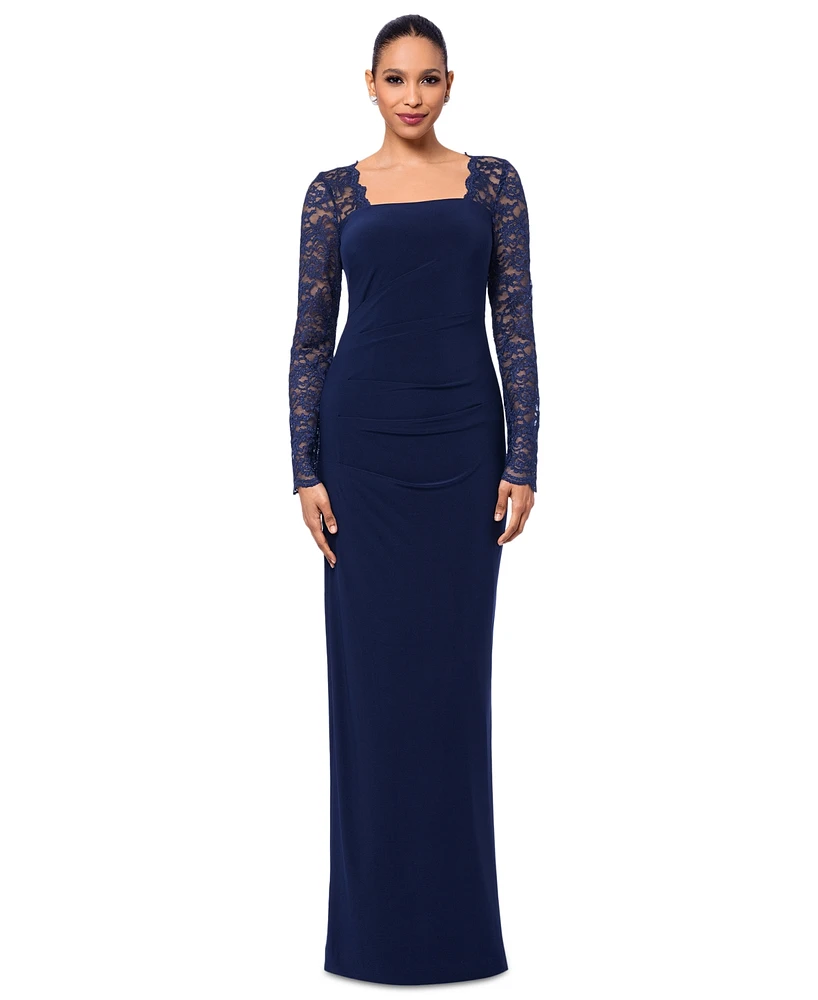 Betsy & Adam Women's Lace-Sleeve Square-Neck Gown