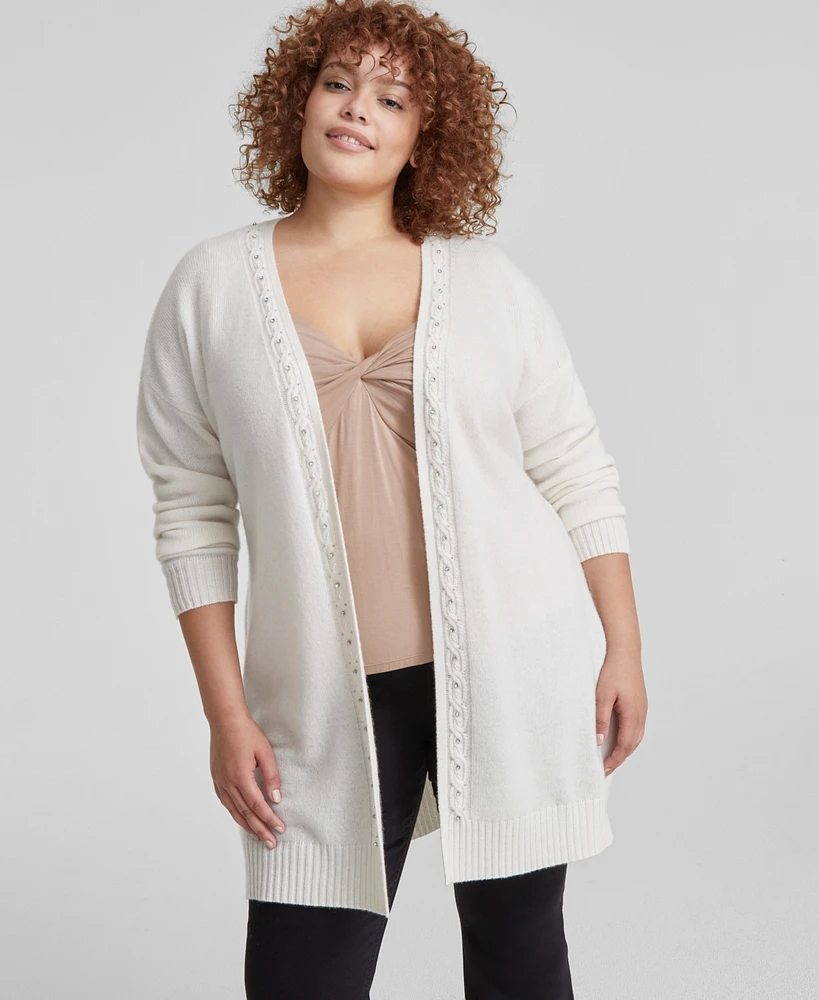 Charter Club Plus Cashmere Bead-Trim Belted Cardigan, Created for Macy's