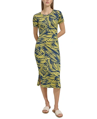 Andrew Marc Sport Women's Leaf-Print Midi T-Shirt Dress