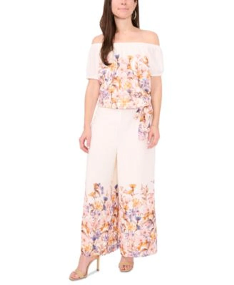 Sam Jess Petite Printed Off The Shoulder Tie Hem Blouse Floral Print Pull On Wide Leg Pants