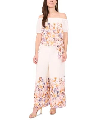 Sam Jess Petite Printed Off The Shoulder Tie Hem Blouse Floral Print Pull On Wide Leg Pants