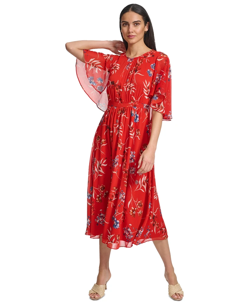 Calvin Klein Women's Floral-Print Draped-Sleeve Dress