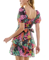 Crystal Doll Juniors' Puff-Sleeve Tie-Back Dress