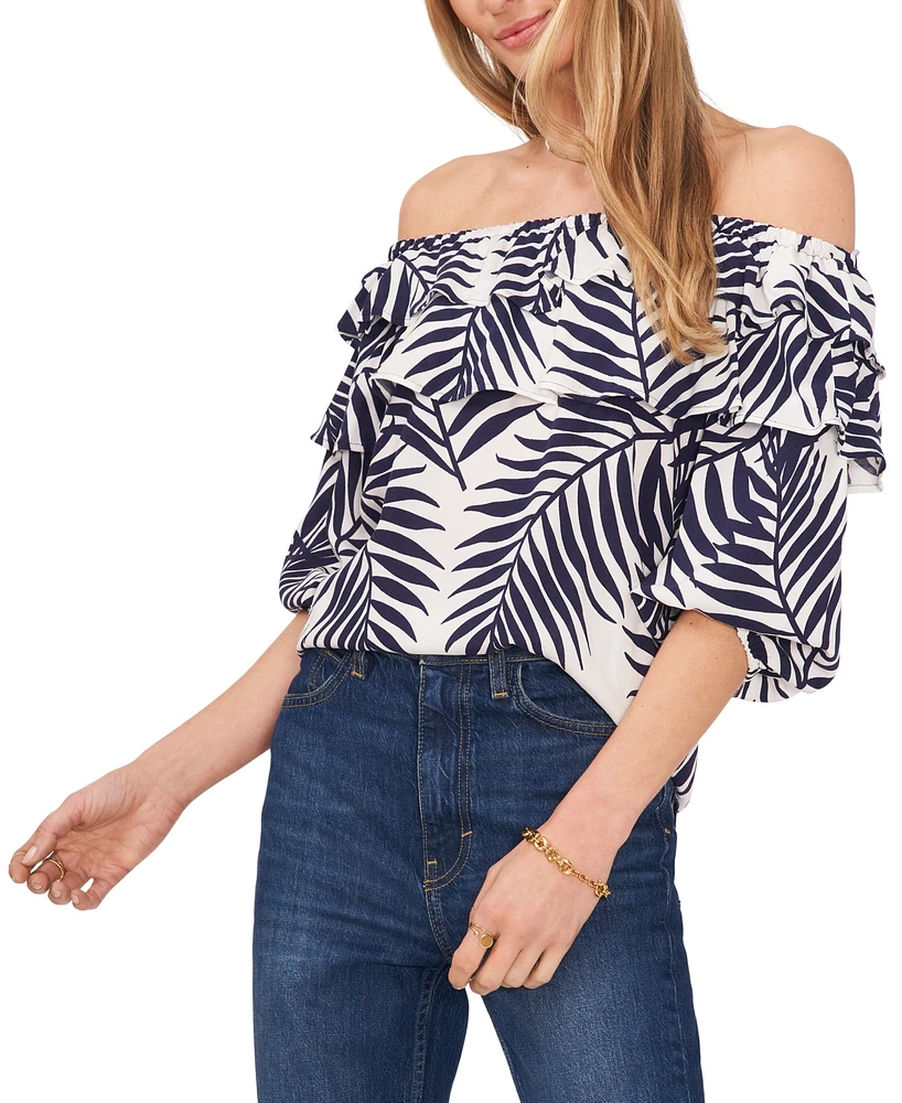 Sam & Jess Petite Printed Double-Ruffle Bubble-Sleeve Blouse