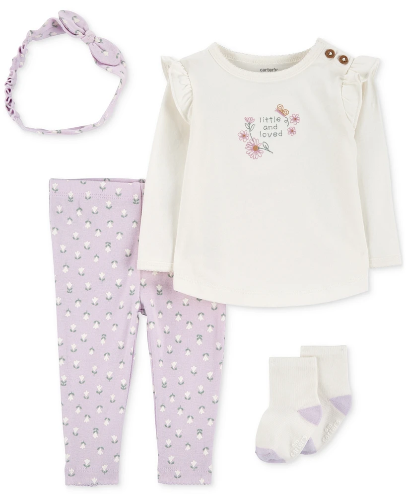 Carter's Baby Girls 4-Pc. Floral-Print Headwrap, Top, Pants & Socks Set