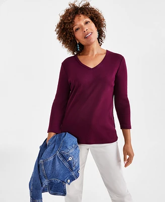 Style & Co Women's Cotton 3/4-Sleeve V-Neck Tee, Created for Macy's