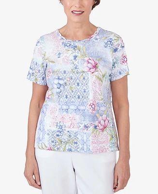 Alfred Dunner Women's Patchwork Floral Braided Neck Tee