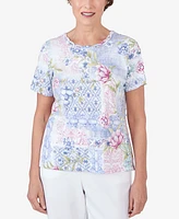Alfred Dunner Women's Patchwork Floral Braided Neck Tee