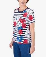 Alfred Dunner Women's Floral Stripe Braided Neck Tee