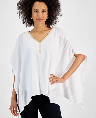 Jm Collection Women's Embellished-Neck Gauze Poincho, Created for Macy's