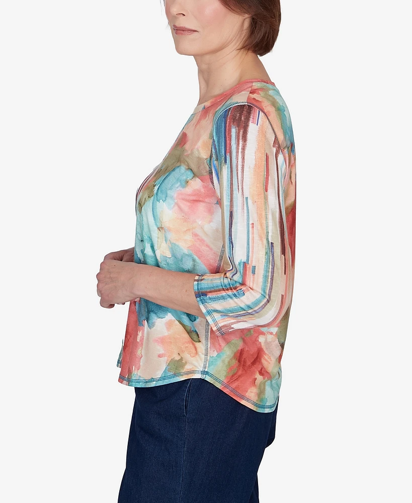 Alfred Dunner Petite Sedona Sky Spliced Floral Brushstroke Stripes Top