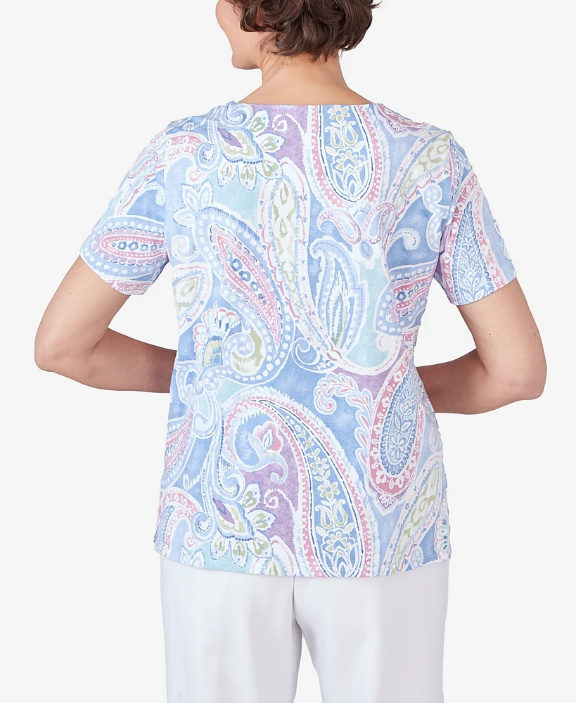 Alfred Dunner Petite Pleated Crew Neck Paisley Short Sleeve Tee