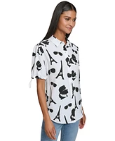 Karl Lagerfeld Paris Women's Printed Bungee-Sleeve Shirt