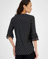 Kasper Women's Split-Neck Polka-Dot Flutter Sleeve Top