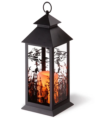 National Tree Company 12" Halloween Lantern with Led Lights, Carved Images of Witches, Haunted House