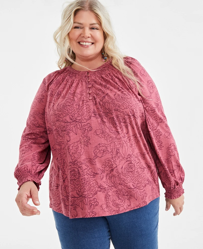 Style & Co Plus Floral-Print Smocked-Trim Top