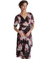 Dkny Petite Printed Ruched-Sleeve Tie-Waist Fit & Flare Dress