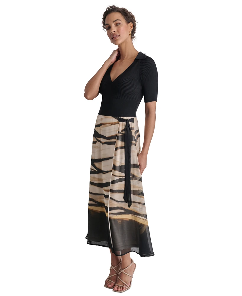 Dkny Women's Mixed-Media Tie-Waist Fit & Flare Dress